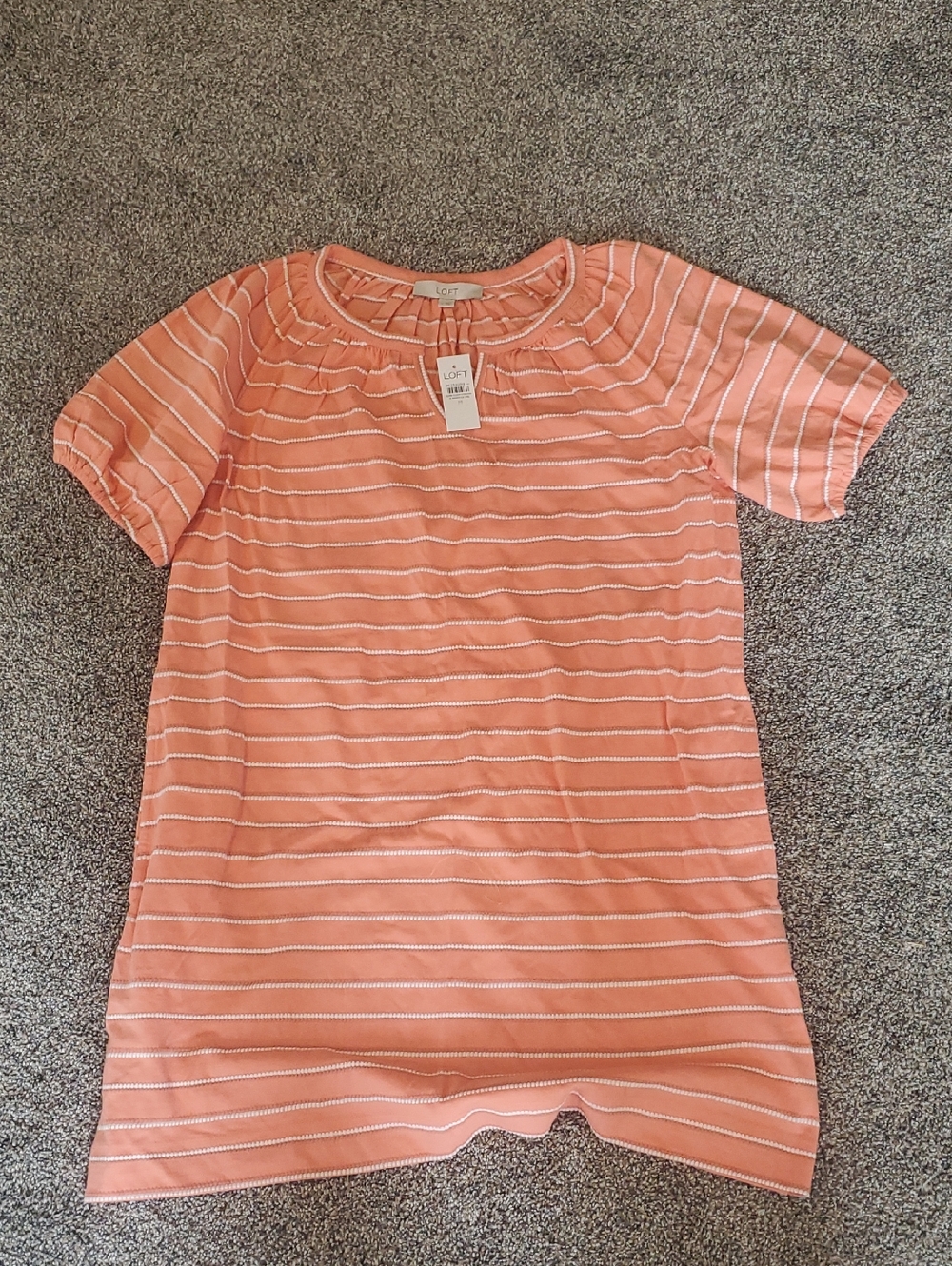 LOFT Coral and White Striped Short Sleeve Top